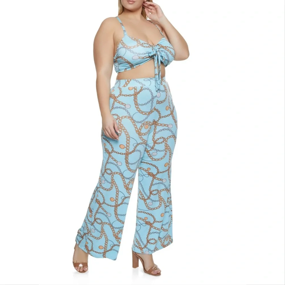 ⚜️ Plus Size Chain Print Crop Top and Wide Leg Pant Set - 2 Colors ⚜️ - Picture 3 of 9